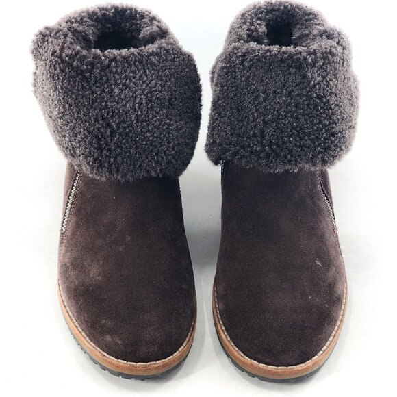 PAUL GREEN Cabo Dark Brown Shearling Cuff Suede Ankle Boots Double Zip - Picture 3 of 10